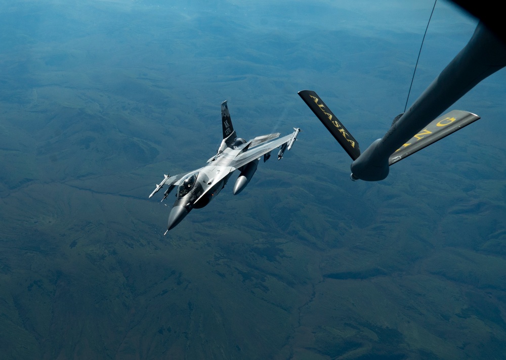 Red Flag-Alaska 19-2 KC-135 Aerial Refuels 18th AGRS F-16s
