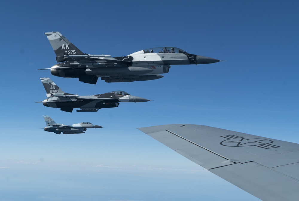 Red Flag-Alaska 19-2 KC-135 Aerial Refuels 18th AGRS F-16s