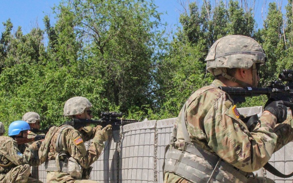 The image shows a group of soldiers in military camouflage uniforms taking up firing positions along a concrete and wire mesh barrier wall. They are kneeling in a line, aiming rifles over and around the wall in what appears to be a training exercise. One individual is wearing a distinctive blue helmet, commonly associated with observer or opposing force roles in military exercises.