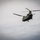 A military tandem-rotor helicopter, consistent with a Boeing CH-47 Chinook, is photographed in flight against an overcast sky. The aircraft is painted in olive drab/military green livery and appears to be in level flight. The image was taken from a low angle looking upward.