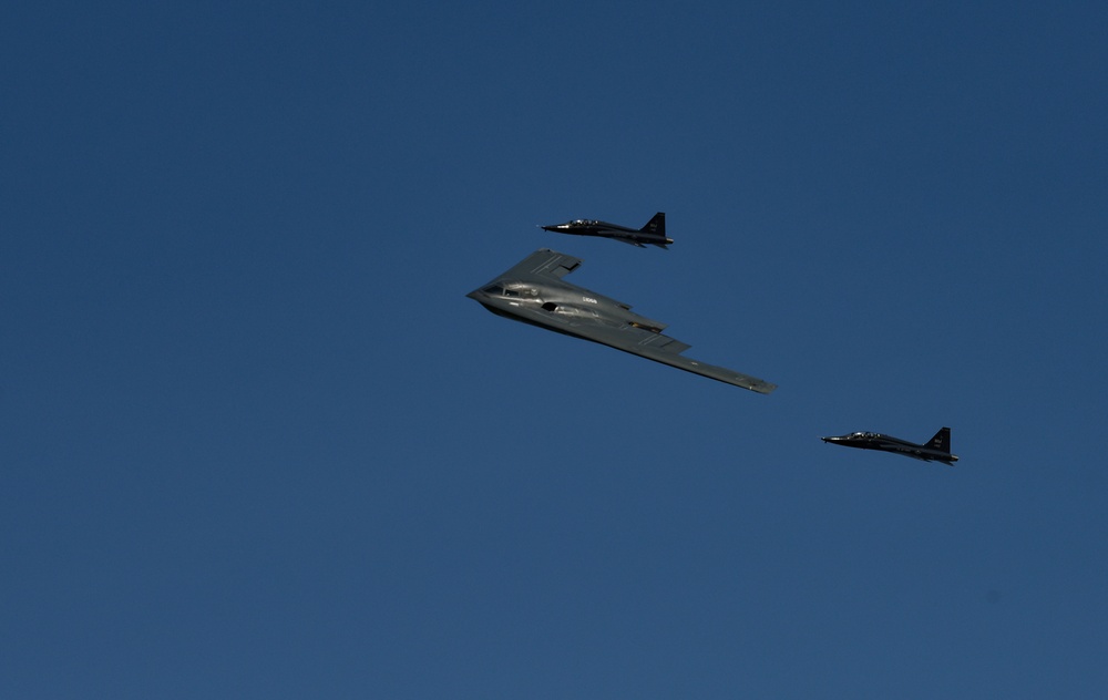 B-2 performs formation flight with T-38 companion trainers