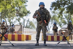 Kazakhstanis conduct base security at Steppe Eagle 19