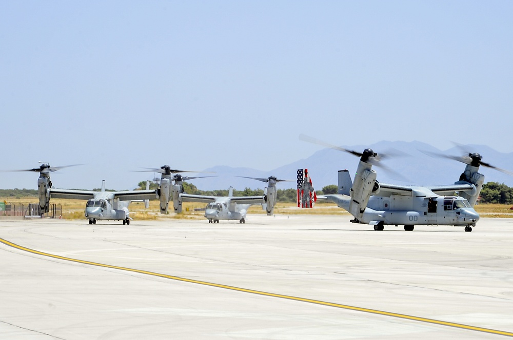 .S. Marine MV-22 Ospreys attached to the 22nd Marine Expeditionary Unit arrive on the flight line at Naval Support Activity Souda Bay