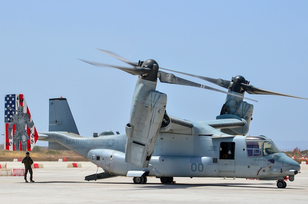 A U.S. Marine MV-22 Osprey attached to attached to the 22nd Marine Expeditionary Unit sits on the flight line at Naval Support Activity Souda Bay