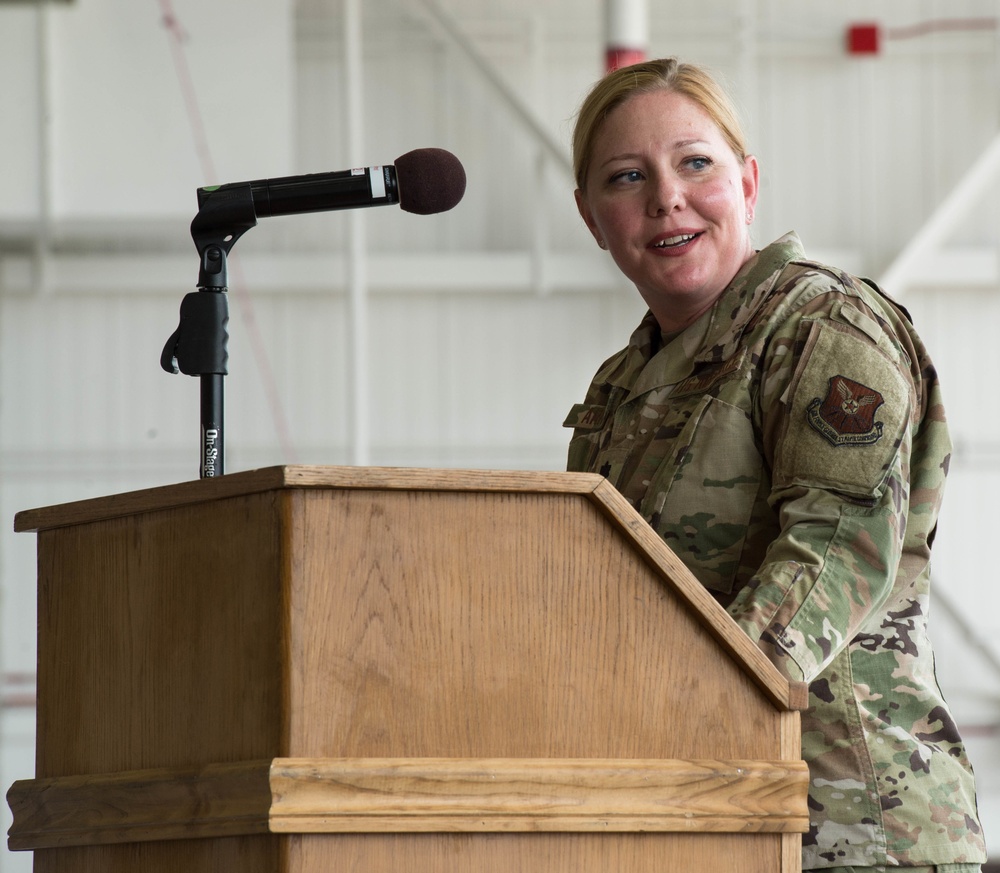 Lt. Col. Tiffany Arnold Speaks to the crowd after assuming command of the 509th Aircraft Maintenance Squadron