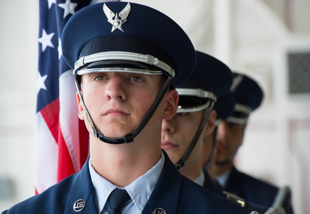 The Whiteman Air Force Base Honor Guard Prepares to present colors at the 509th AMXS Change of Command