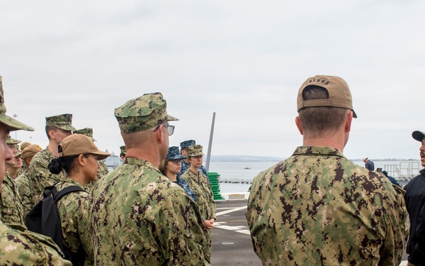 U.S. Sailors assigned to Fleet Surgical Team Three receive a pre-drill brief aboard USS New Orleans