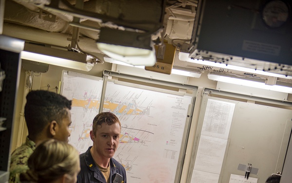 U.S. Sailors assigned to Fleet Surgical Team Three receive a pre-drill brief aboard USS New Orleans