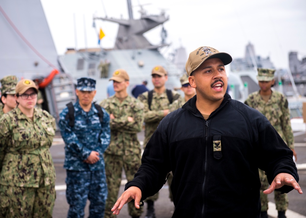 U.S. Sailors assigned to Fleet Surgical Team Three receive a pre-drill brief aboard USS New Orleans