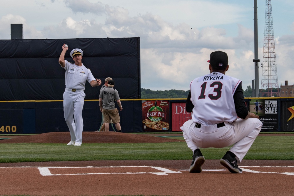 Navy Commanding Officer Throws First Pitch at River Bandits Game