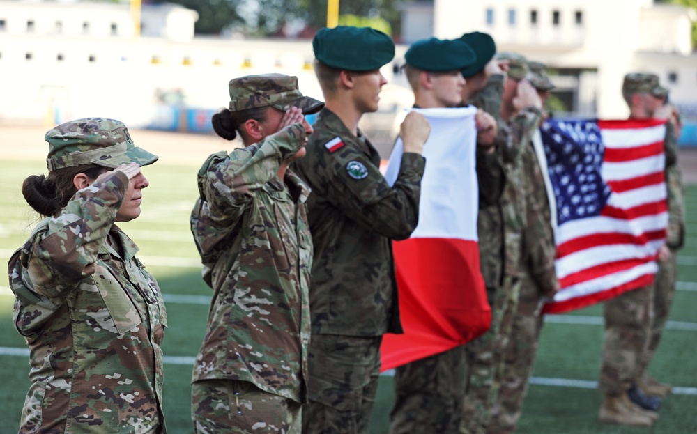 US Army Soldiers participate in Polish-American Football Championship opening ceremony