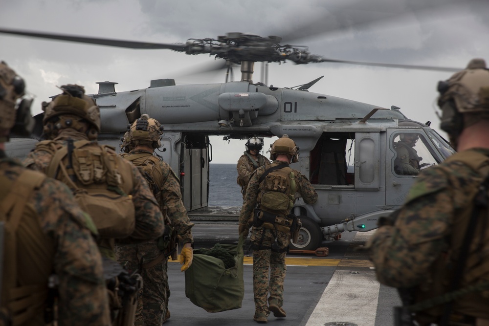 31st MEU Maritime Raid Force Marines sharpen fast roping skills aboard USS Wasp