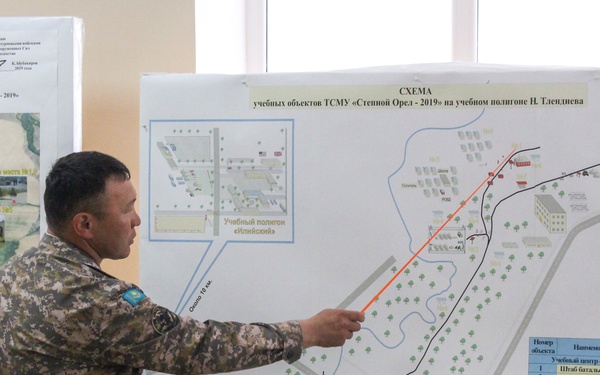 A military officer in camouflage uniform is pointing at a large tactical map/scheme board labeled 'СХЕМА учебных объектов ТСМУ «Степной Орел – 2019»' (Scheme of training objects for TSMU 'Steppe Eagle – 2019'). The map appears to depict a military training ground layout at the N. Tlendiev training range, with various training facility locations marked. A second document board is visible to the left, appearing to be a training plan with aerial imagery.