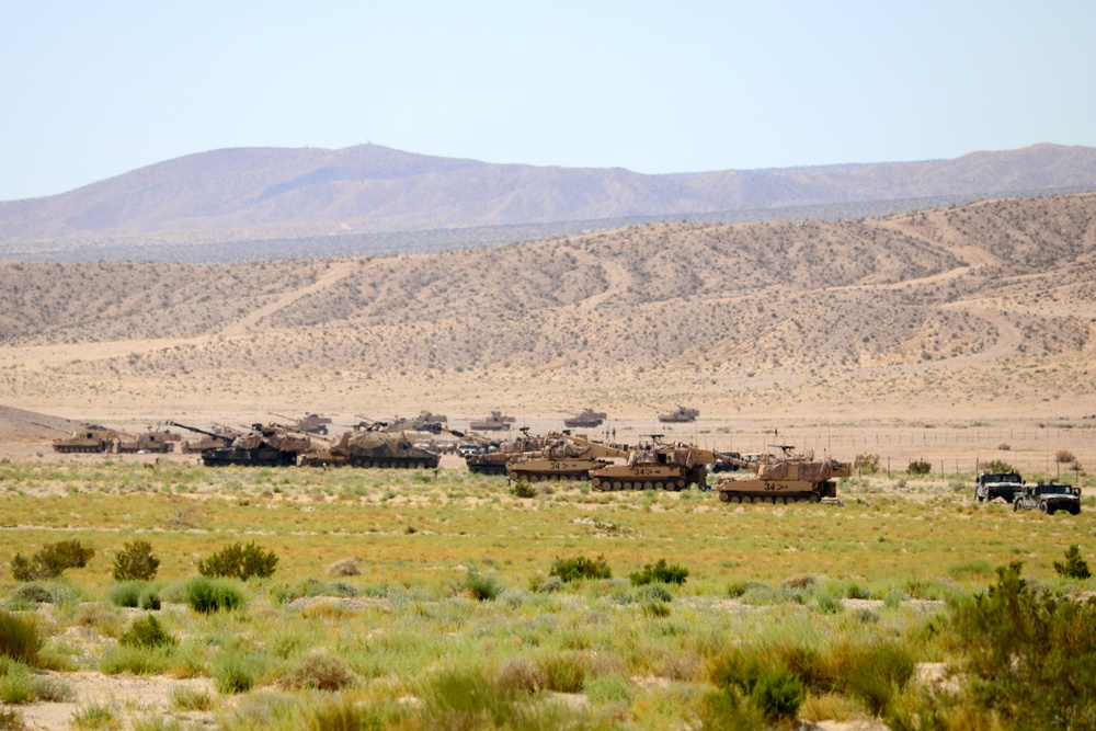 1-113th Field Artillery Soldiers conduct calibration at the National Training Cente