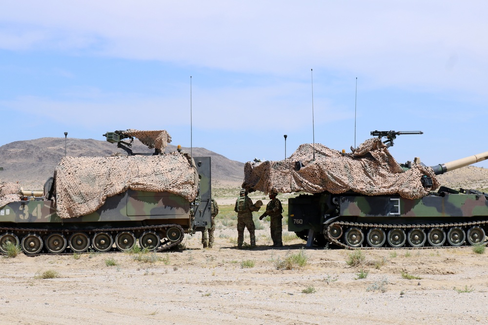 1-113th Field Artillery Soldiers conduct calibration at the National Training Center