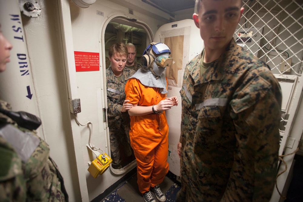 31st MEU Law Enforcement Detachment simulates detainee handling aboard USS Wasp