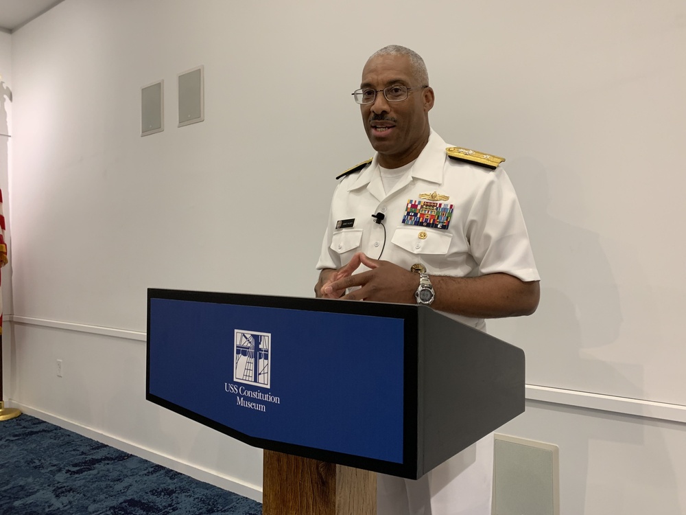 Rear Admiral Jesse A. Wilson, USN, speaks at the USS Constitution Museum