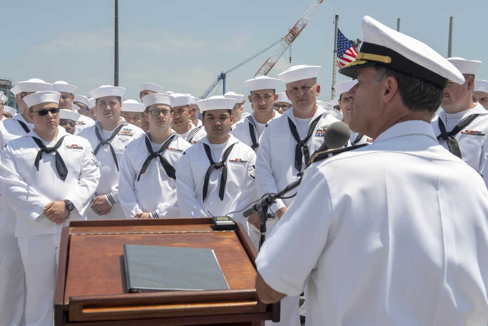 Admiral John Aquilino, Commander, U.S. Pacific Fleet, speaks with Sailors on USS John S. McCain (DDG 56)