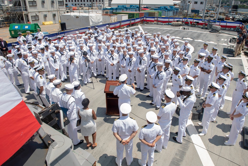 Admiral Aquilino, Commander of U.S. Pacific Fleet speaks to Sailors on USS John S. McCain (DDG 56)