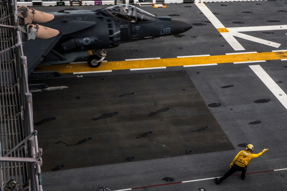 Marine Attack Squadron 542 conduct deck landing qualification aboard the USS Bataan