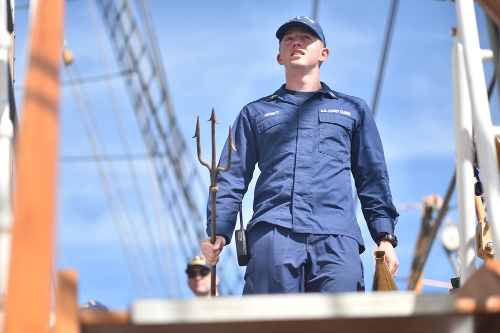 U.S. Coast Guard 1st Class Cadet Brock Hassett commands tacking operations aboard the Coast Guard Tall Ship Eagle