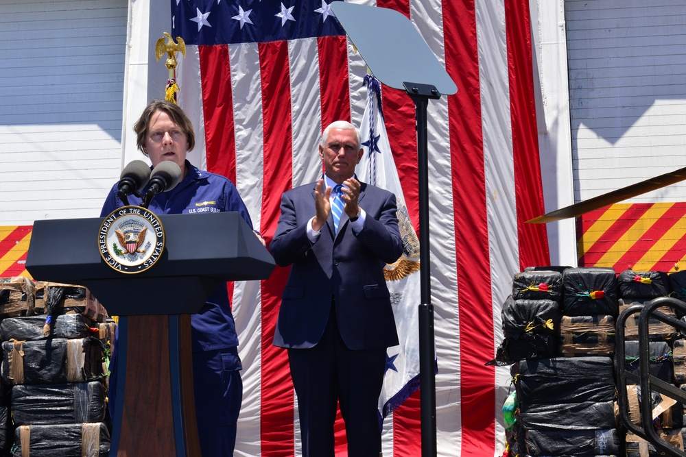 Vice President Pence participates in $569 million cocaine offload from aboard U.S. Coast Guard Cutter Munro in San Diego