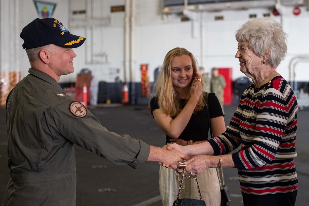 Margaret Womble, the ship's sponsor, visits the aircraft carrier USS John C. Stennis (CVN 74)