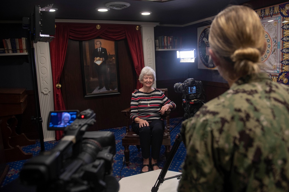 Margaret Womble, the ship's sponsor, visits the aircraft carrier USS John C. Stennis (CVN 74)