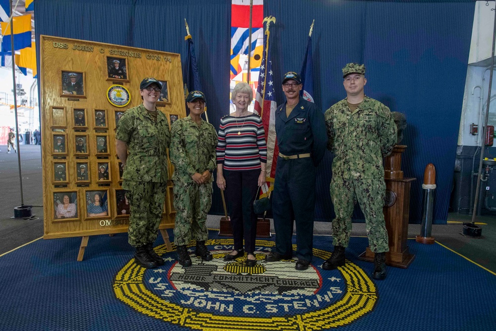 Margaret Womble, the ship's sponsor, visits the aircraft carrier USS John C. Stennis (CVN 74)