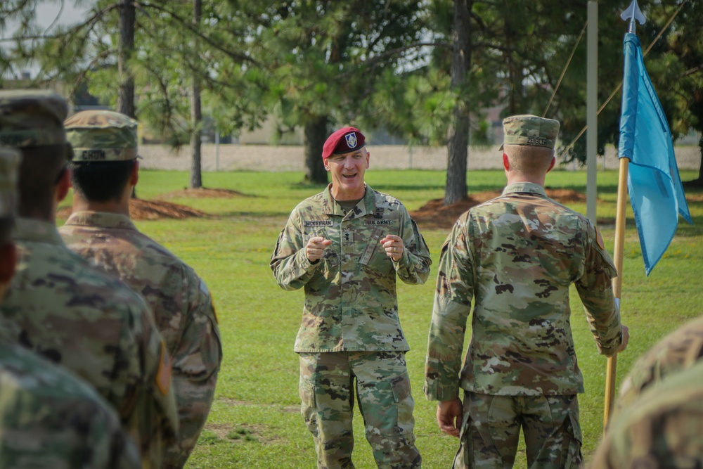 Maj. Gen. Brian J. McKiernan congratulates Bravo Company, 519th Military Intelligence Battalion