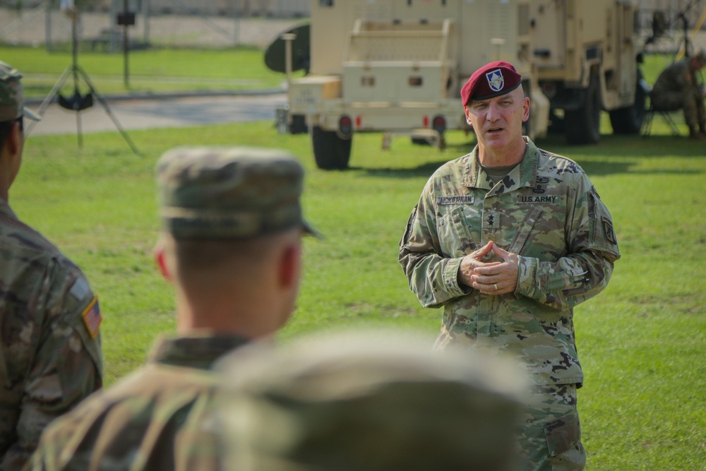 Maj. Gen. Brian J. McKiernan congratulates Bravo Company, 519th Military Intelligence Battalion