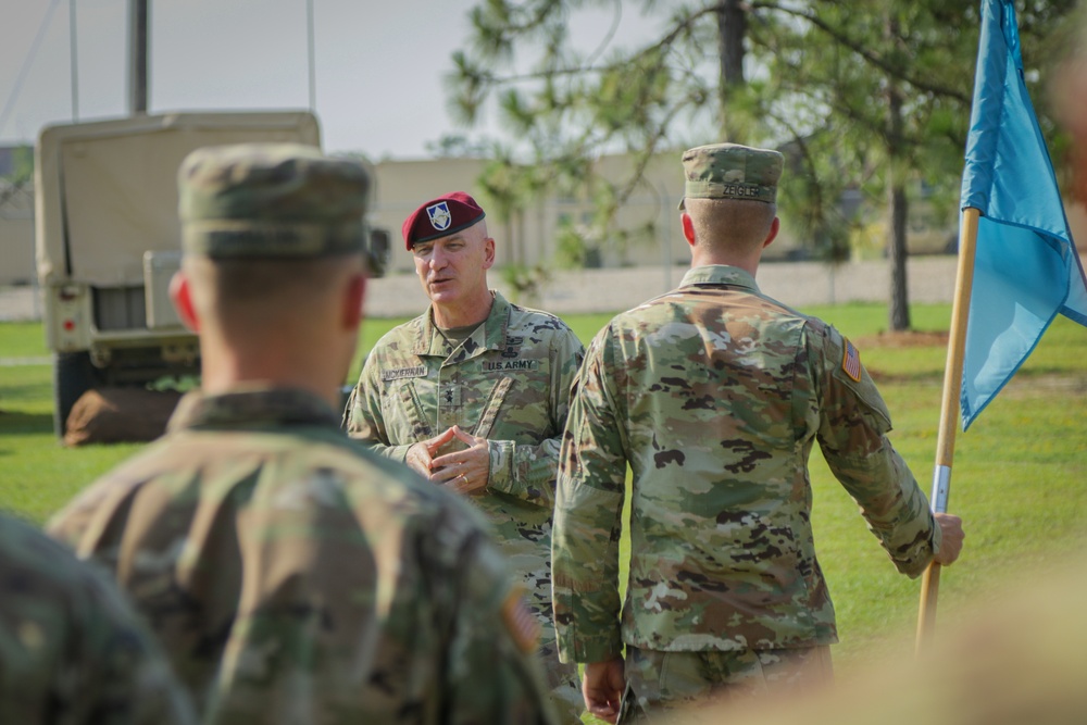 Maj. Gen. Brian J. McKiernan congratulates Bravo Company, 519th Military Intelligence Battalion