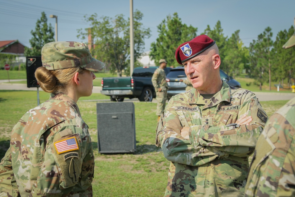 Maj. Gen. Brian J. McKiernan speaks with Capt. Heather Jebb