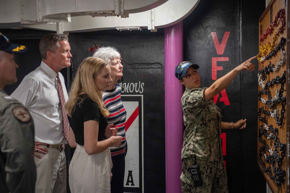 Margaret Womble, the ship's sponsor, visits the aircraft carrier USS John C. Stennis (CVN 74)