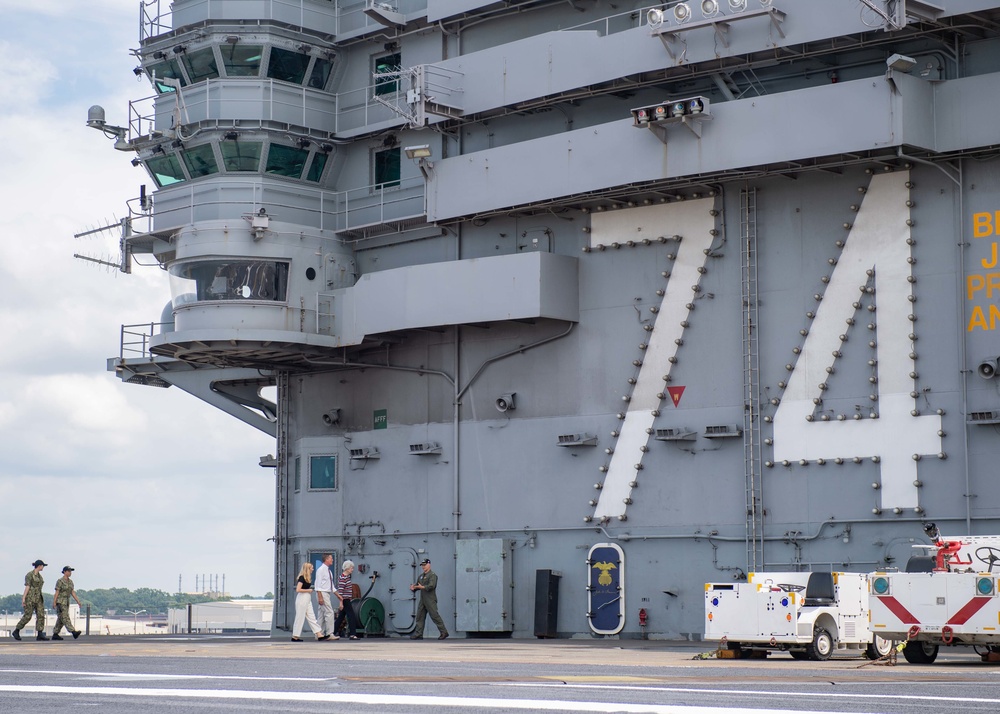 Margaret Womble, the ship's sponsor, visits the aircraft carrier USS John C. Stennis (CVN 74)