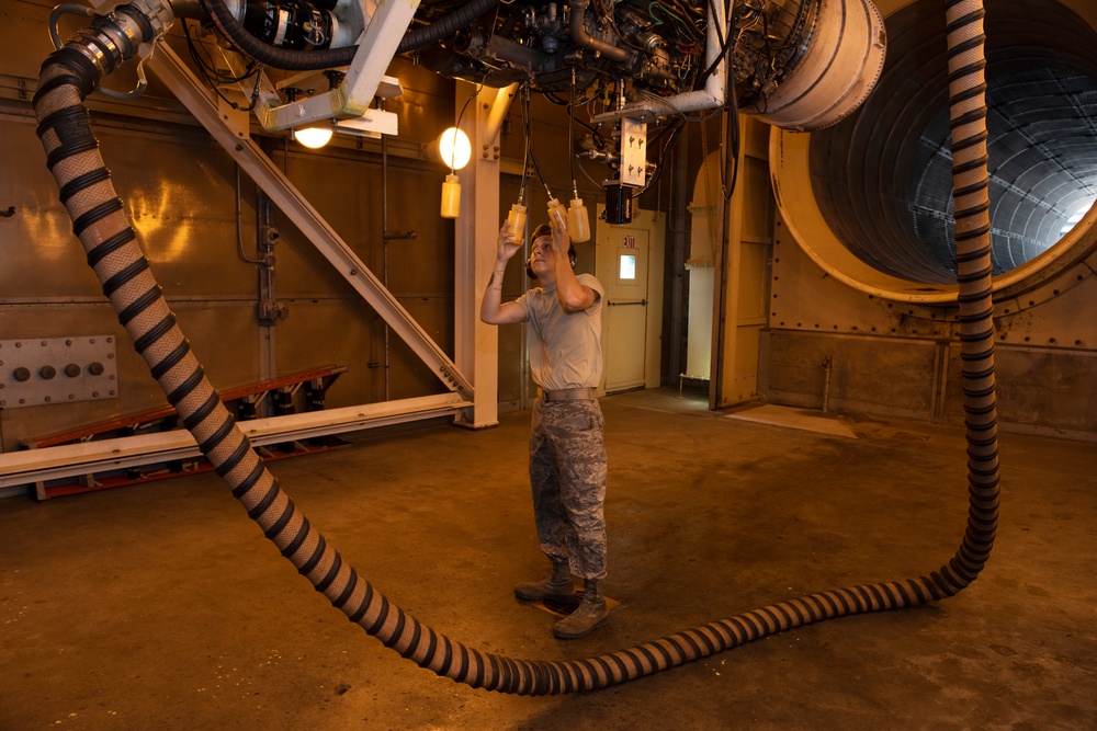 Whiteman AFB Airman inspects B-2 Spirit engine