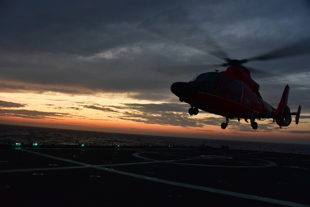 Crew of CGC Bertholf trains for night helicopter operations in Yellow Sea