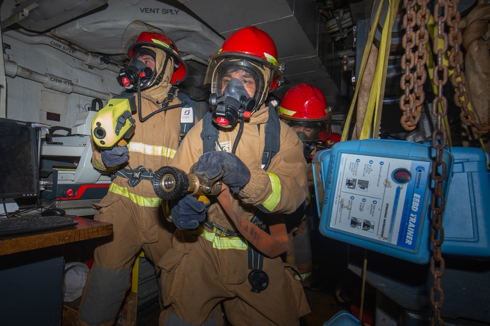 USS Leyte Gulf Conducts a Damage Control Drill