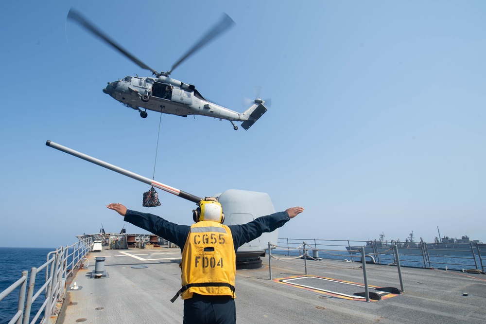 USS Leyte Gulf Conducts a Vertical Replenishment with USNS Arctic