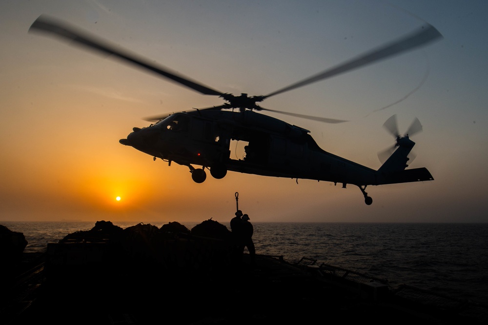 USS Leyte Gulf Conducts a Vertical Replenishment with USNS Arctic