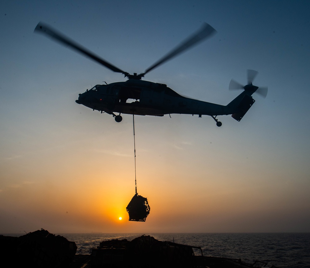 USS Leyte Gulf Conducts a Vertical Replenishment with USNS Arctic