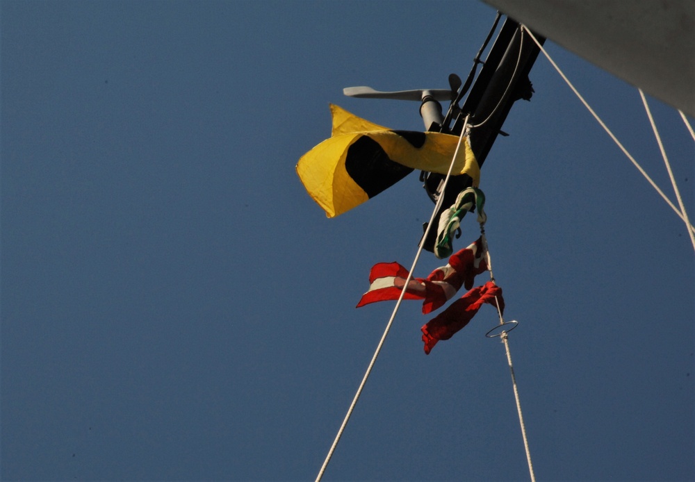 H.M.S. Hood signal flags fly on the Battleship Wisconsin