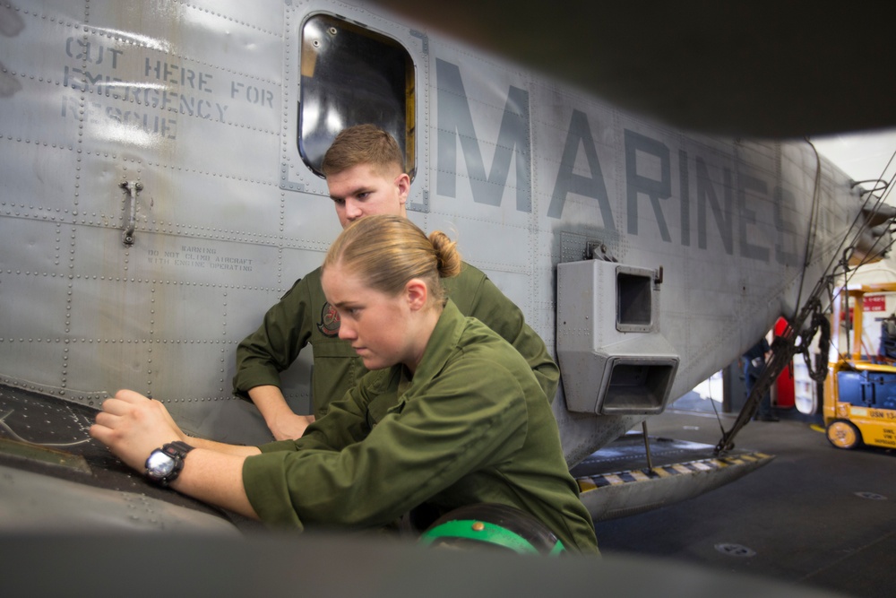 31st MEU Marines conduct routine maintenance aboard the USS Wasp during Talisman Sabre 2019