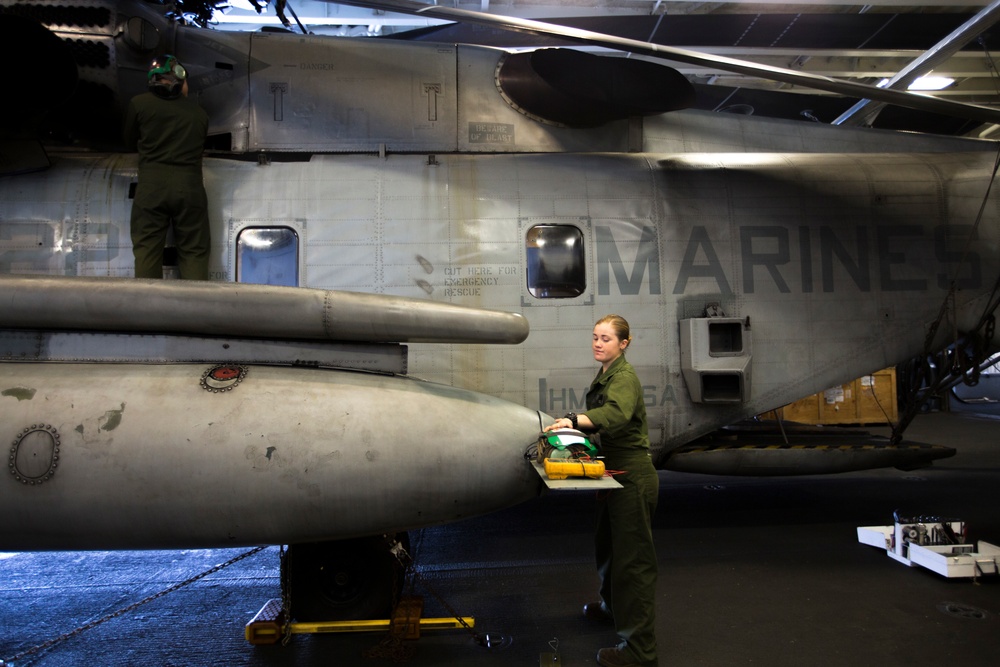 31st MEU Marines conduct routine maintenance aboard the USS Wasp during Talisman Sabre 2019