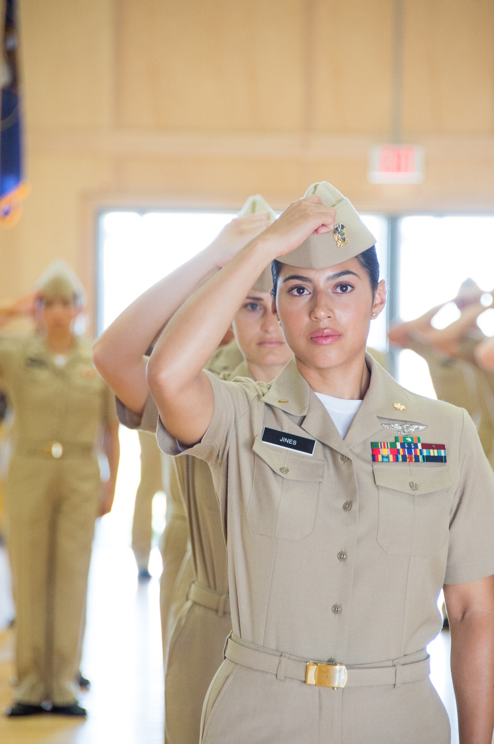 NEWPORT, R.I. (July 25, 2019) – Students of Officer Development School (ODS) class 19-050 get their service khaki uniforms inspected at Officer Training Command, Newport on July 25, 2019.