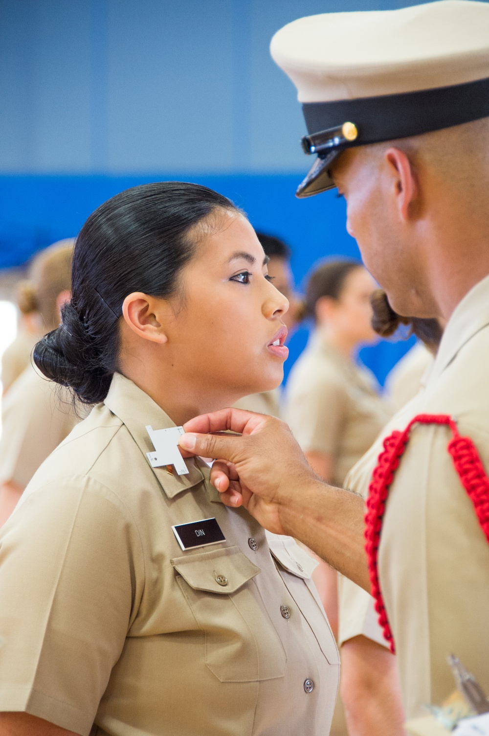 NEWPORT, R.I. (July 25, 2019) – Students of Officer Development School (ODS) class 19-050 get their service khaki uniforms inspected at Officer Training Command, Newport on July 25, 2019.