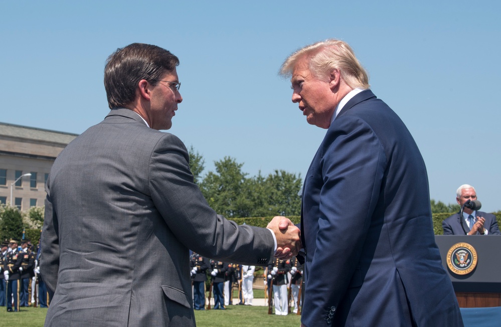 POTUS and VPOTUS participate in a welcome ceremony for SD Esper