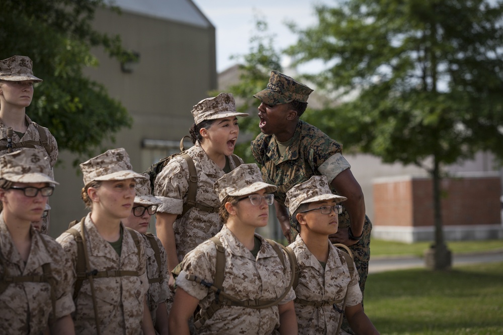 Marine Corps officer candidates meet their sergeant instructors