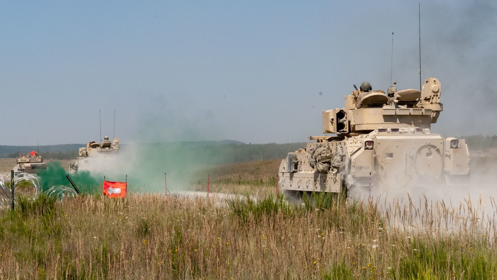 The 3rd Battalion 66th Armor Regiment and 1st Engineer Battalion of the 1st Armored Brigade Combat Team, 1st Infantry Division, conducted combined arms breach exercises