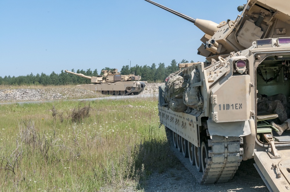 The 3rd Battalion 66th Armor Regiment and 1st Engineer Battalion of the 1st Armored Brigade Combat Team, 1st Infantry Division, conducted combined arms breach exercises